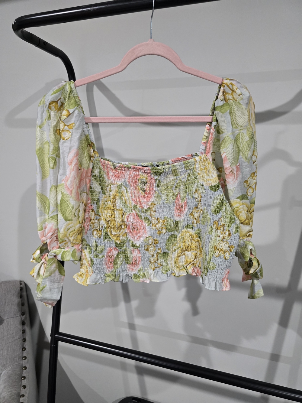 Express Floral Smocked Puff Sleeve Crop Top - Pink, Yellow & Green